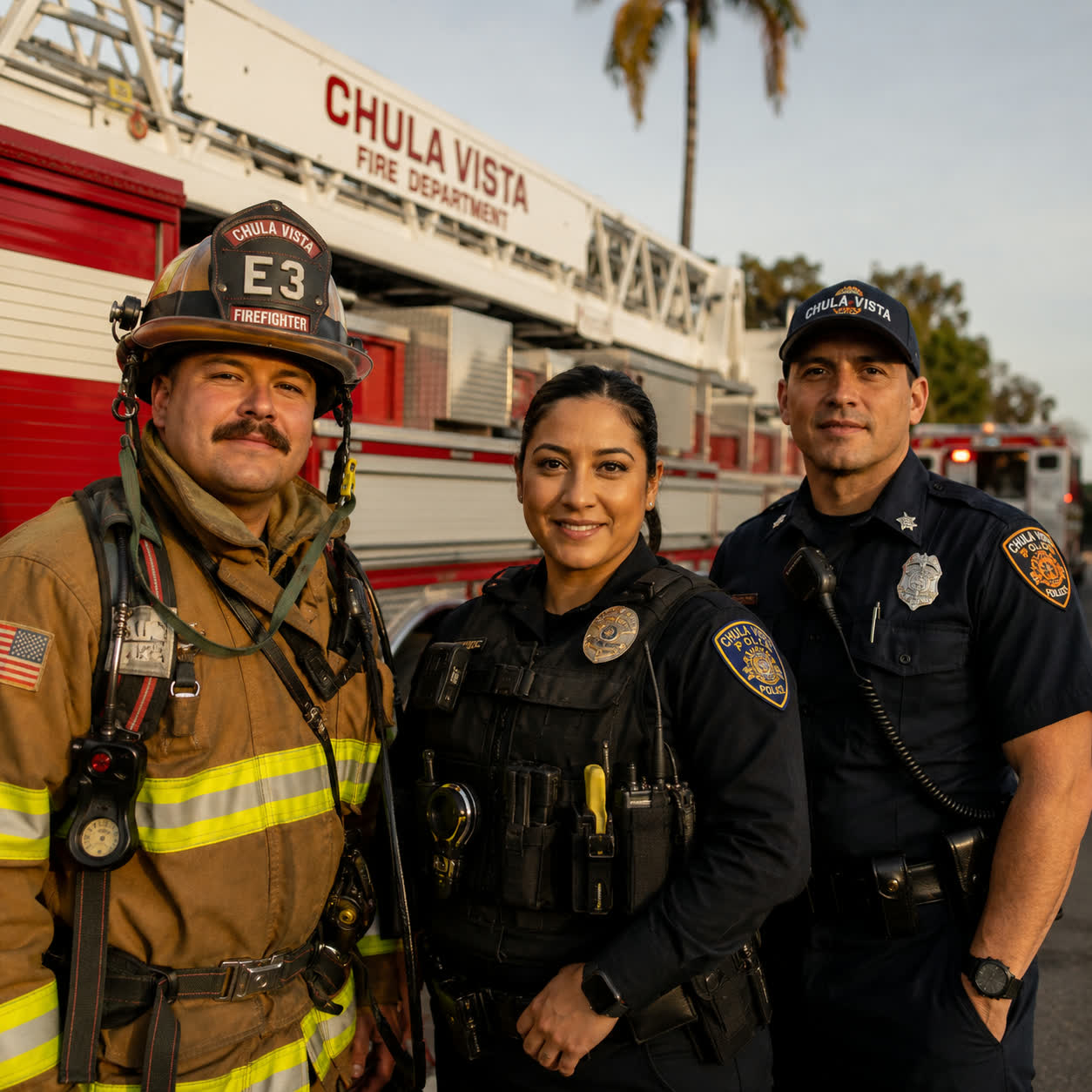 Three San Diego first responders, a firefighter and two police officers, standing together in front of a Chula Vista fire engine