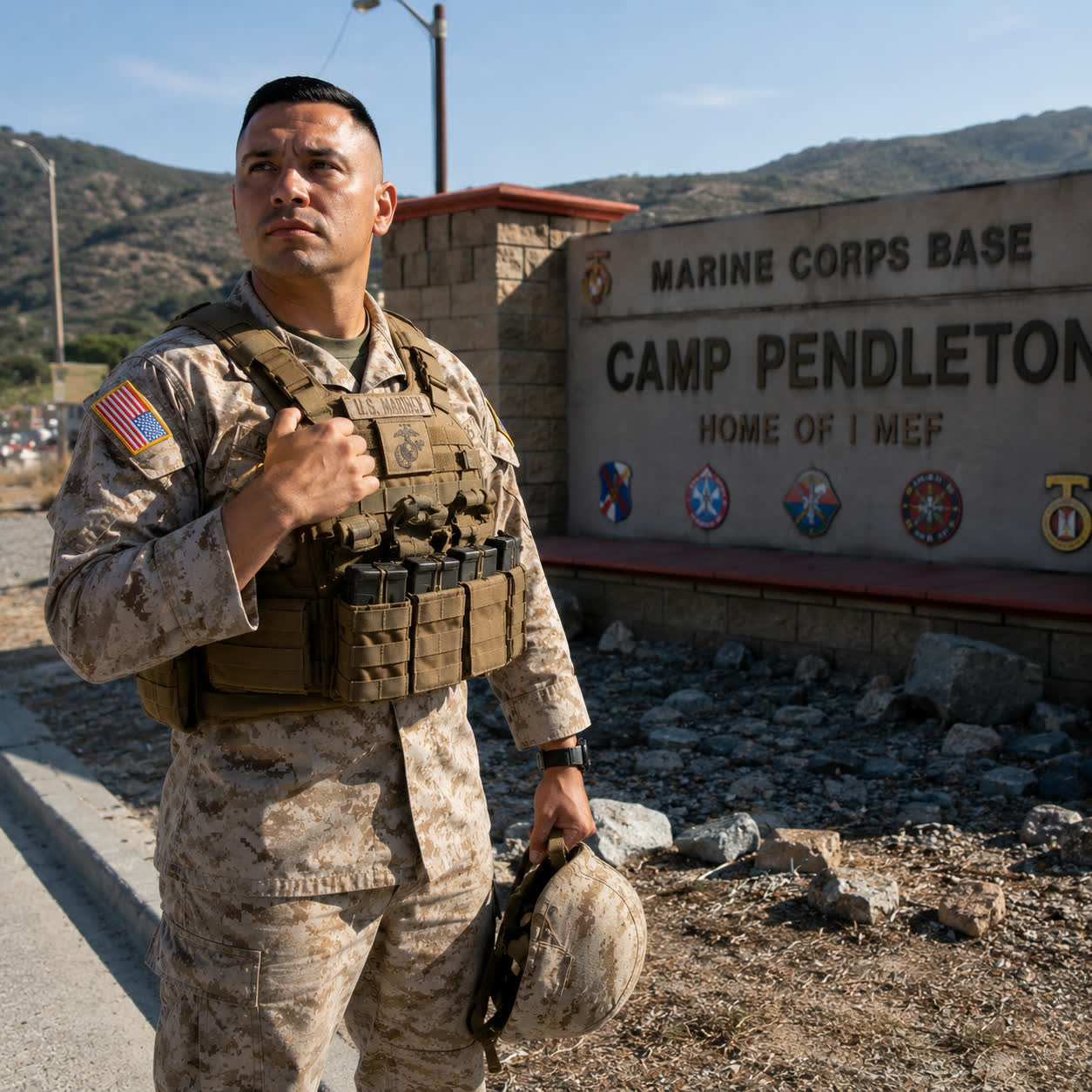 A U.S. Marine standing at the entrance sign of Marine Corps Base Camp Pendleton